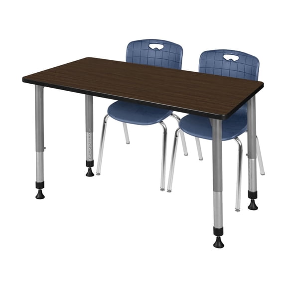 Regency Kee 48 x 30 in. Adjustable Classroom Table- Neo Walnut Top, Grey Base & 2 Andy 18 in. Blue Stack Chairs