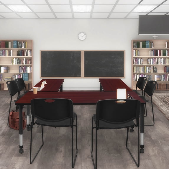 Regency Kee 60" x 24" Height Adjustable Mobile Classroom Table - Mahogany & 2 Zeng Stack Chairs- Black