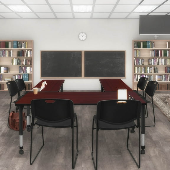 Regency Kee 60" x 24" Height Adjustable Mobile Classroom Table - Mahogany & 2 Zeng Stack Chairs- Black