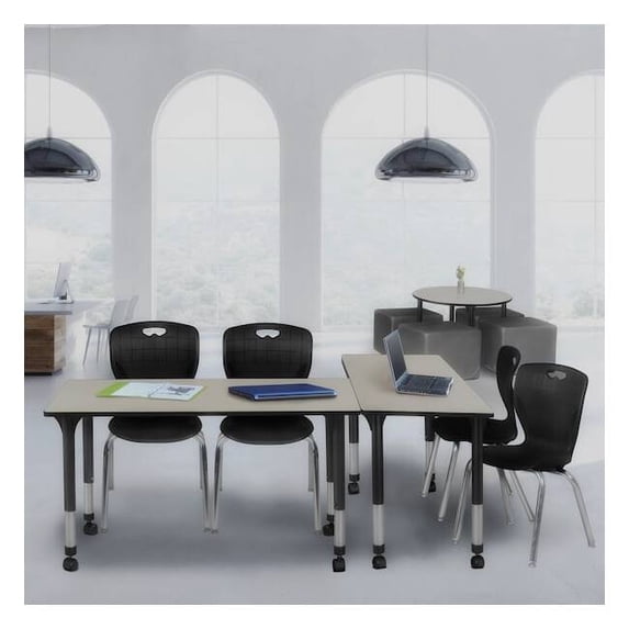 Regency Kee 60" x 24" Height Adjustable Mobile Classroom Table - Maple & 2 Andy 18-in Stack Chairs- Black
