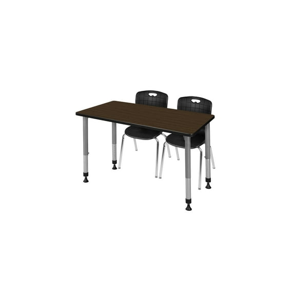 Regency Kee 60 x 24 in. Adjustable Classroom Table- Neo Walnut Top, Grey Base & 2 Andy 18 in. Black Stack Chairs