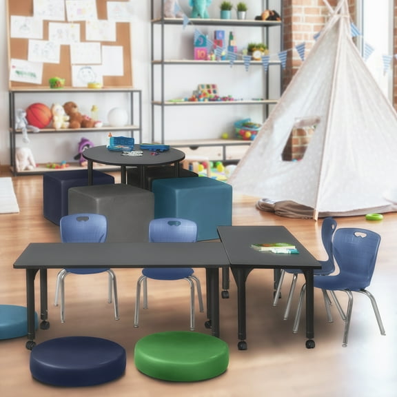 Regency Kee 60" x 30" Height Adjustable Mobile Classroom Table - Grey & 2 Andy 12-in Stack Chairs- Navy Blue