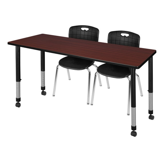 Regency Kee 60 x 30 in. Mobile Adjustable Classroom Table- Mahogany & 2 Andy 18 in. Stack Chairs- Black