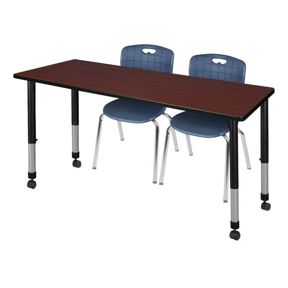 Regency 60x30 Mobile Adjustable Classroom Table- Mahogany & 2 Andy 18 Stack Chairs- Blue