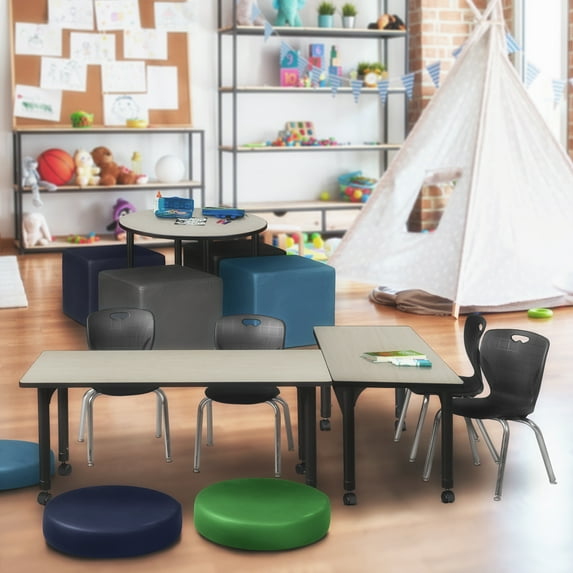 Regency Kee 60 x 30 in. Mobile Adjustable Classroom Table- Maple & 2 Andy 12 in. Stack Chairs- Black