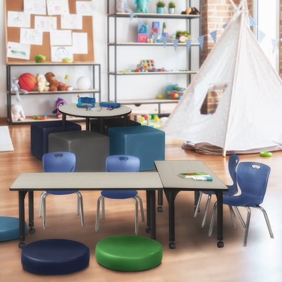 Regency Kee 60 x 30 in. Mobile Adjustable Classroom Table- Maple & 2 Andy 12 in. Stack Chairs- Blue