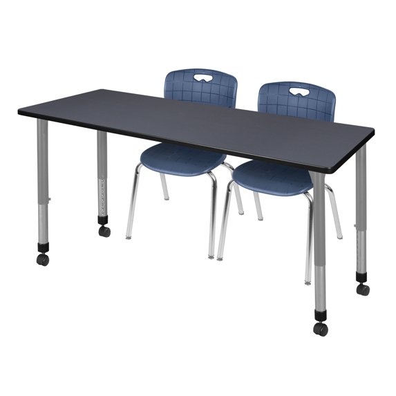 Regency Kee 60 x 30 in. Mobile Adjustable Classroom Table- Grey & 2 Andy 18 in. Stack Chairs- Blue & Grey Base