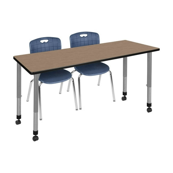 Regency Kee 66 x 24 in. Mobile Adjustable Classroom Table- Noble Oak Top, Grey Base & 2 Andy 18 in. Mobile Blue Stack Chairs