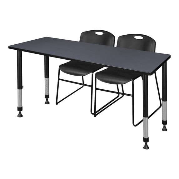 Regency Kee 66" x 30" Height Adjustable Classroom Table - Grey & 2 Zeng Stack Chairs- Black