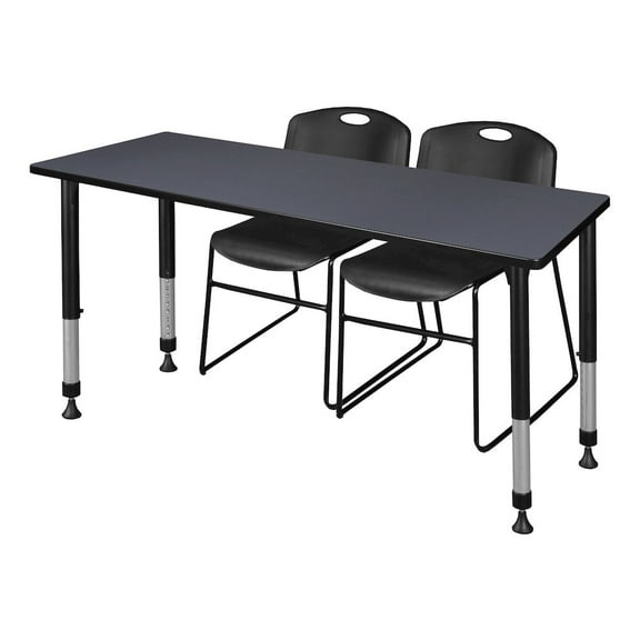 Regency Kee 66" x 30" Height Adjustable Classroom Table - Grey & 2 Zeng Stack Chairs- Black