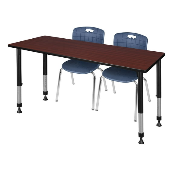 Regency 66x30 Adjustable Classroom Table- Mahogany & 2 Andy 18 Stack Chairs- Blue