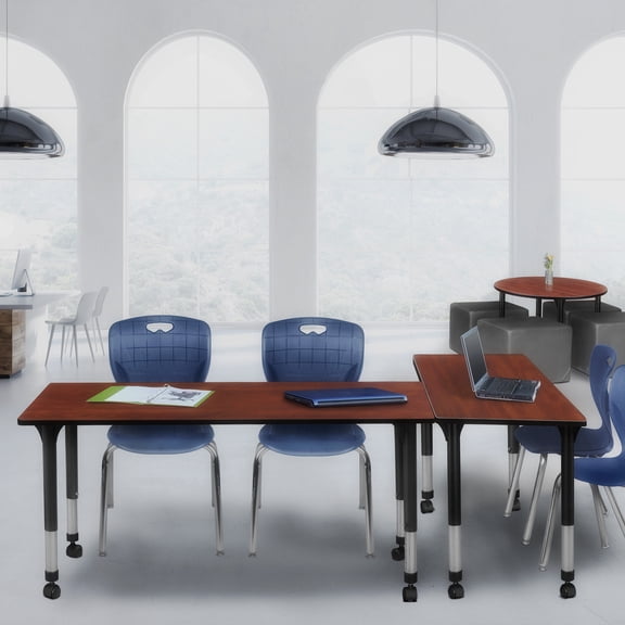 Kee 66" x 30" Height Adjustable Mobile Classroom Table - Cherry & 2 Andy 18-in Stack Chairs- Navy Blue