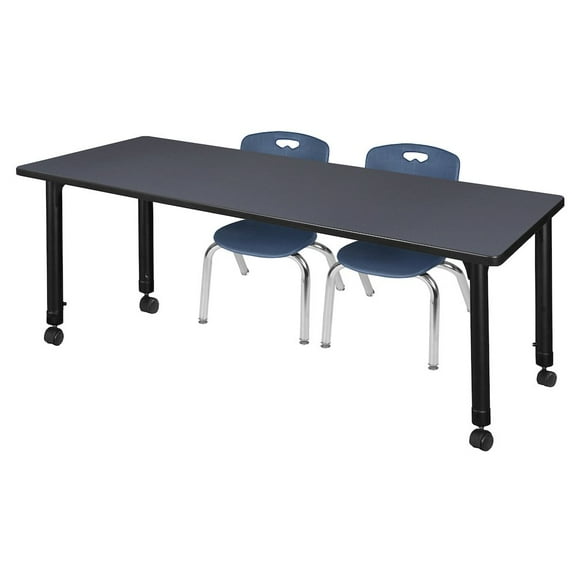 Regency 66x30 Mobile Adjustable Classroom Table- Grey & 2 Andy 12 Stack Chairs- Blue