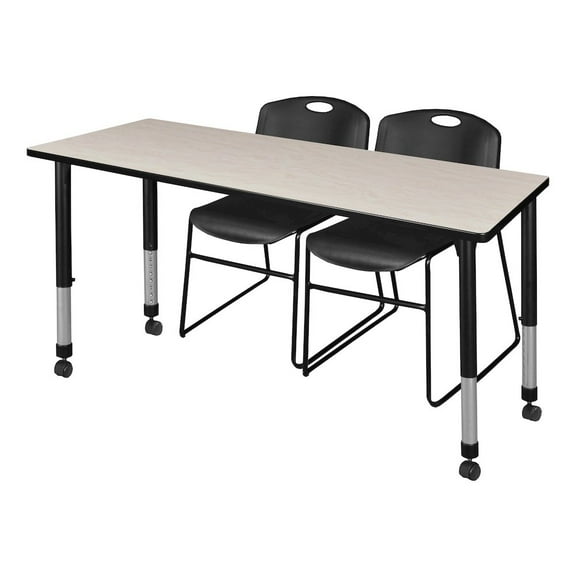Regency 66x30 in. Mobile Adjustable Classroom Table- Maple & 2 Zeng Stack Chairs- Black