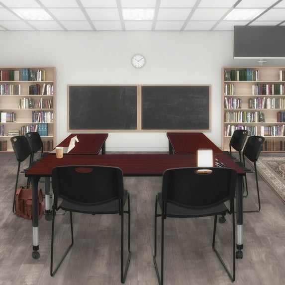 Regency Kee 72 x 24 in. Mobile Adjustable Classroom Table- Mahogany & 2 Zeng Stack Chairs- Black