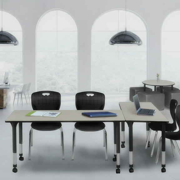 Regency Kee 72 x 24 in. Mobile Adjustable Classroom Table- Maple & 2 Andy 18 in. Stack Chairs- Black