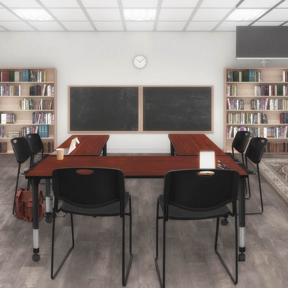 Regency Kee 72" x 24" Height Adjustable Mobile Classroom Table - Cherry & 2 Zeng Stack Chairs- Black