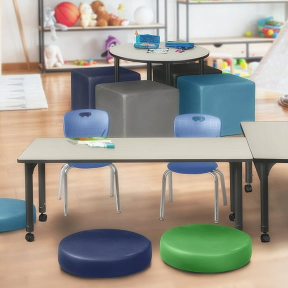 Regency Kee 72" x 24" Height Adjustable Mobile Classroom Table - Maple & 2 Andy 12-in Stack Chairs- Navy Blue