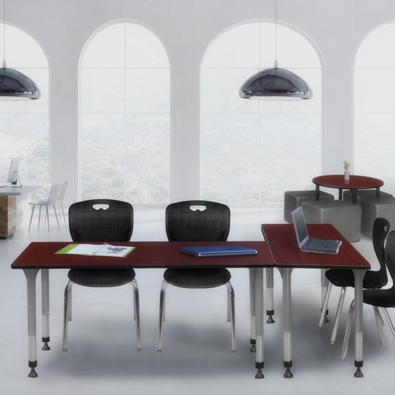 Regency Kee 72 x 24 in. Adjustable Classroom Table- Mahogany & 2 Andy 18 in. Stack Chairs- Black & Grey Base