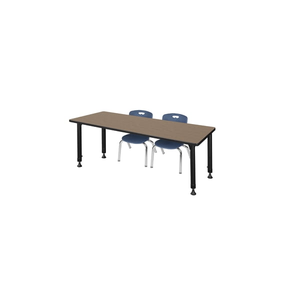 Regency Kee 72 x 24 in. Adjustable Classroom Table- Noble Oak Top, Black Base & 2 Andy 12 in. Blue Stack Chairs
