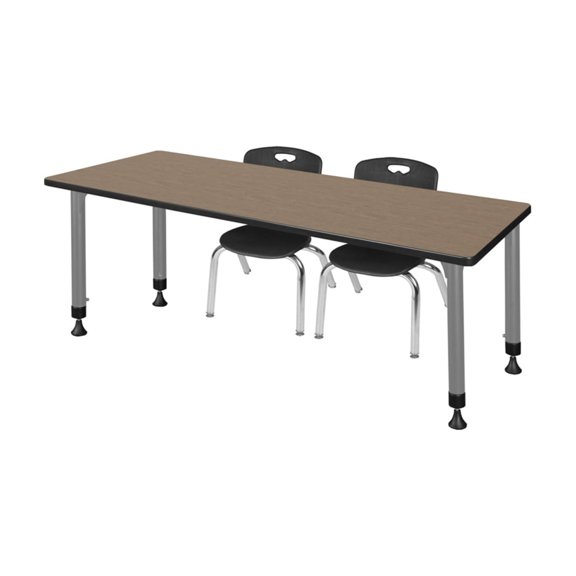 Regency Kee 72 x 24 in. Adjustable Classroom Table- Noble Oak Top, Grey Base & 2 Andy 12 in. Black Stack Chairs