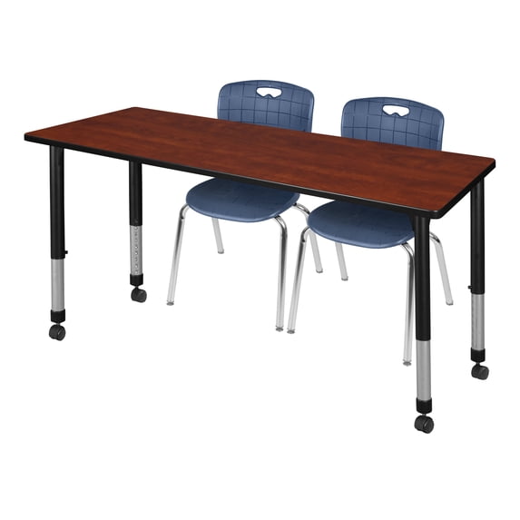 Regency Kee 72" x 30" Height Adjustable Mobile Classroom Table - Cherry & 2 Andy 18-in Stack Chairs- Navy Blue