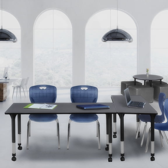 Regency Kee 72" x 30" Height Adjustable Mobile Classroom Table - Grey & 2 Andy 18-in Stack Chairs- Navy Blue