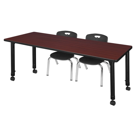 Regency Kee 72" x 30" Height Adjustable Mobile Classroom Table - Mahogany & 2 Andy 12-in Stack Chairs- Black