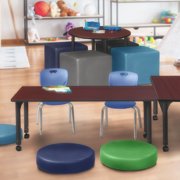Regency Kee 72" x 30" Height Adjustable Mobile Classroom Table - Mahogany & 2 Andy 12-in Stack Chairs- Navy Blue