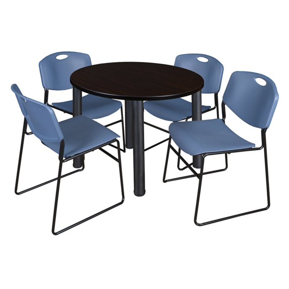 Regency Kee 42 in Round Breakroom Table- Mocha Walnut Top, Black Legs, 4 Zeng Stack Chairs- Blue
