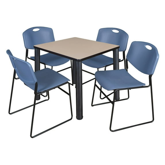 Regency Kee 48 in Square Breakroom Table- Beige Top, Chrome Legs, 4 Zeng Stack Chairs- Blue