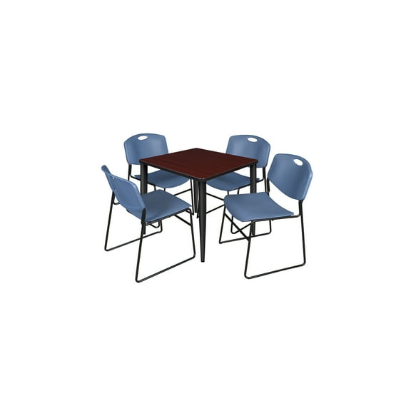 Regency Kee 36" Square Breakroom Table- Mocha Walnut/ Black & 4 Zeng Stack Chairs- Blue