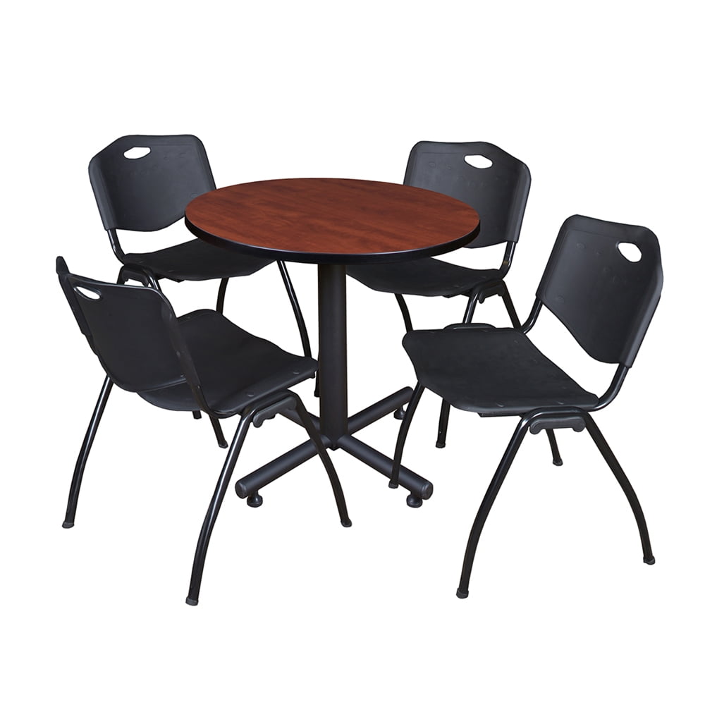 Kobe 30" Cherry Melamine Round Breakroom Table & 4 Black Metal Chairs Set