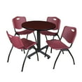thumbnail image 1 of Kobe 30in. Round Breakroom Table- Mahogany & 4 'M' Stack Chairs- Burgundy, 1 of 9