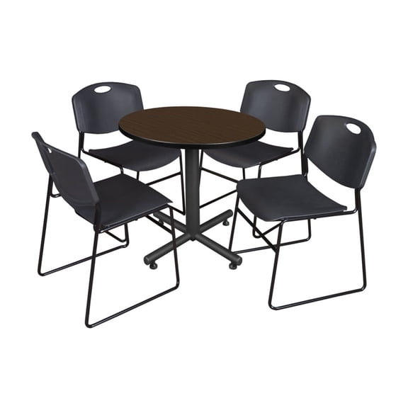 Regency Kobe 30" Round Breakroom Table- Neo Walnut & 4 Zeng Stack Chairs- Black