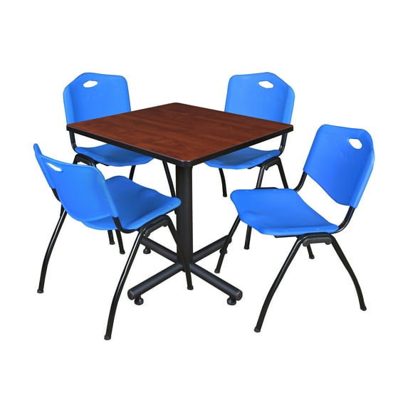 Kobe 30" Square Breakroom Table- Cherry & 4 'M' Stack Chairs- Blue