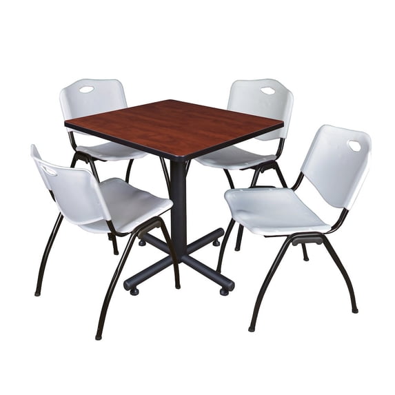 Regency 30 in. Square X-Base Breakroom Table- Cherry, 4 M Stack Chairs- Grey
