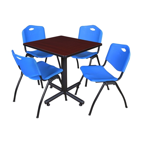 Kobe 30" Square Breakroom Table- Mahogany & 4 'M' Stack Chairs- Blue