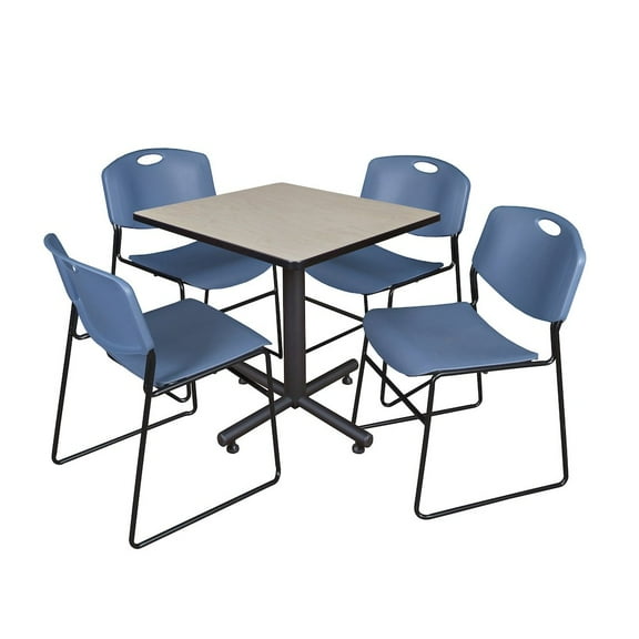 Regency 30 in. Square X-Base Breakroom Table- Maple, 4 Zeng Stack Chairs- Blue