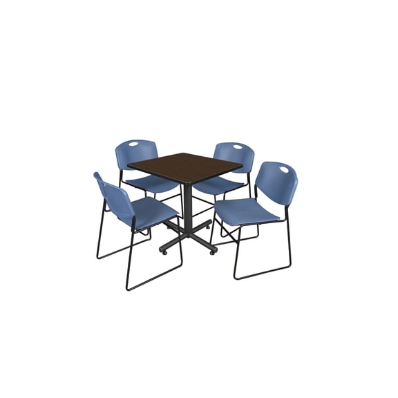 Regency Kobe 30" Square Breakroom Table- Neo Walnut & 4 Zeng Stack Chairs- Blue