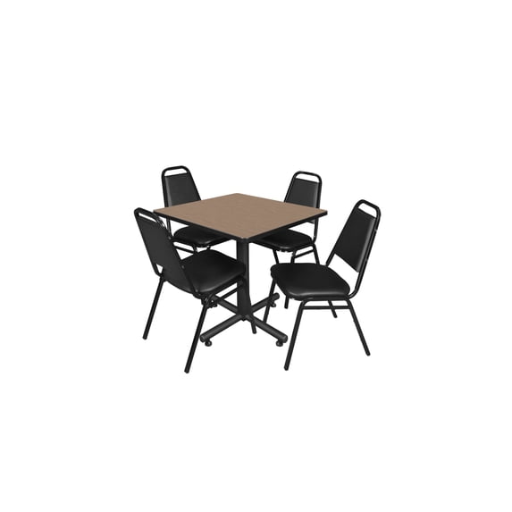 Regency Kobe 30" Square Breakroom Table- Noble Oak & 4 Restaurant Stack Chairs- Black
