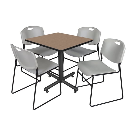 Kobe 30" Square Breakroom Table- Noble Oak & 4 Zeng Stack Chairs- Grey