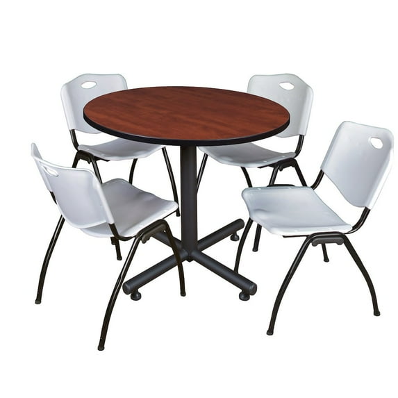 Kobe 36" Round Breakroom Table- Cherry & 4 'M' Stack Chairs- Grey