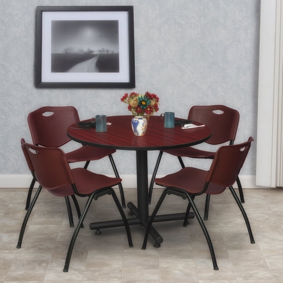 Kobe 36" Round Breakroom Table- Mahogany & 4 'M' Stack Chairs- Burgundy