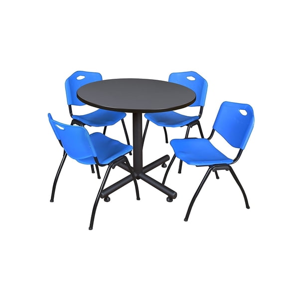 Kobe 42in. Round Breakroom Table- Grey & 4 'M' Stack Chairs- Blue