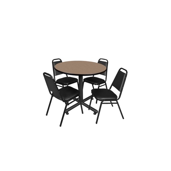 Regency Kobe 42" Round Breakroom Table- Noble Oak & 4 Restaurant Stack Chairs- Black