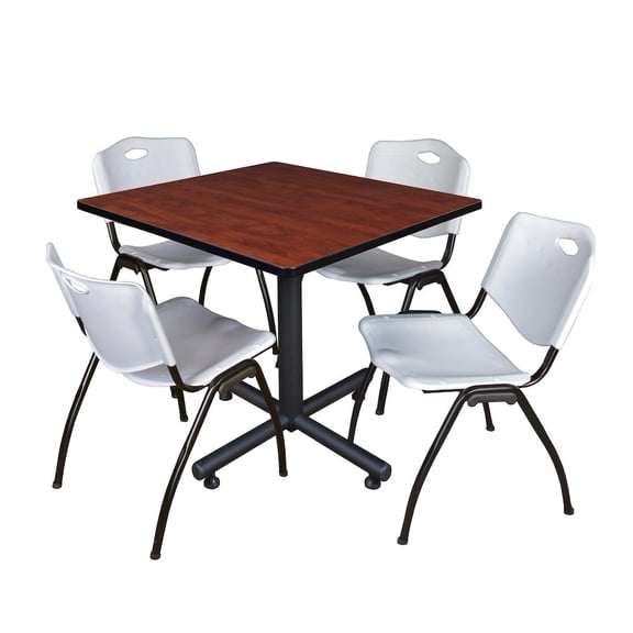Regency 42 in. Square X-Base Breakroom Table- Cherry, 4 M Stack Chairs- Grey