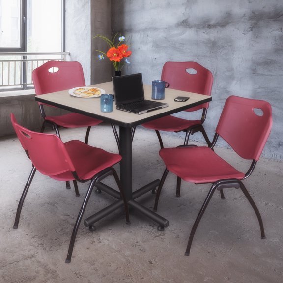 Kobe 42in. Square Breakroom Table- Maple & 4 'M' Stack Chairs- Burgundy