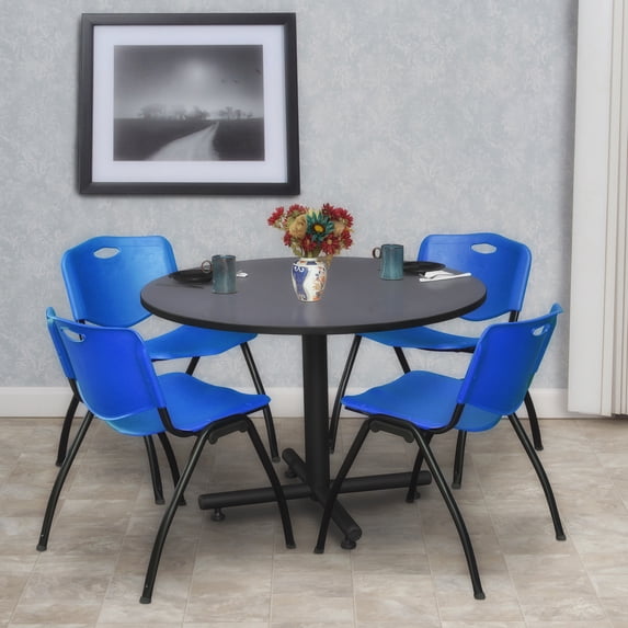 Kobe 48" Round Breakroom Table- Grey & 4 'M' Stack Chairs- Blue