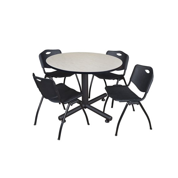 Kobe 48in. Round Breakroom Table- Maple & 4 'M' Stack Chairs- Black